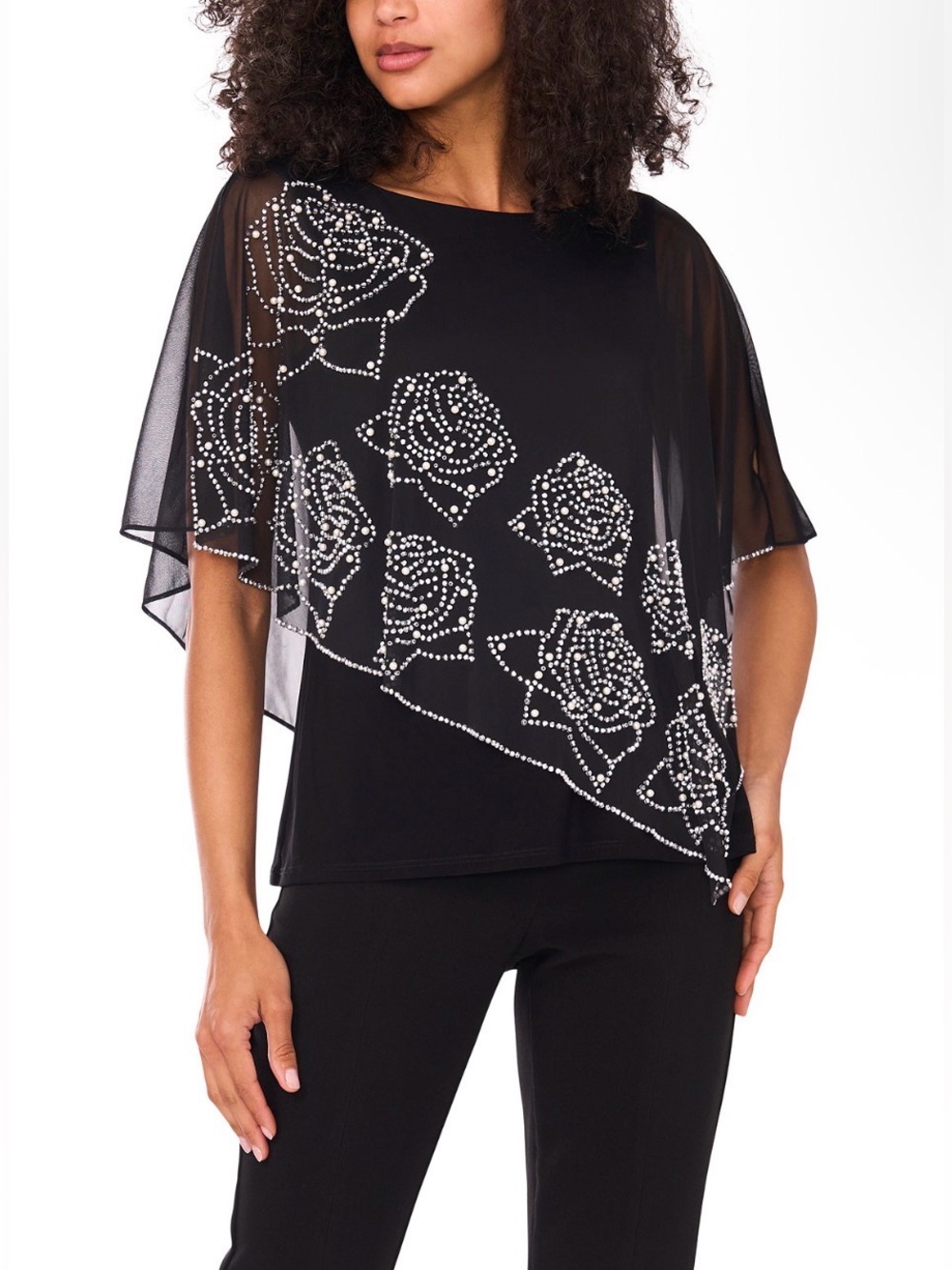 MSK Embellished Black Rose Sheer Overlay Top, Size Large - NWT
